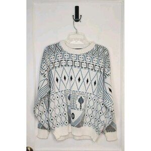 Aspetuck Trading Co Men's White Blue Geometric Sweater 100% Acrylic Sz Large USA